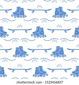 Vector seamless pattern with rollers, skateboard. Athletic, healthy lifestyle for every person. Family vacation. Sports background. Design for packaging paper, fabric, print.