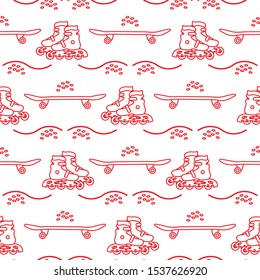 Vector seamless pattern with rollers, skateboard. Athletic, healthy lifestyle for every person. Family vacation. Sports background. Design for packaging paper, fabric, print.