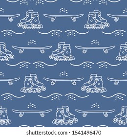 Vector seamless pattern with rollers, skateboard. Athletic, healthy lifestyle for every person. Family vacation. Sports background. Design for packaging paper, fabric, print.