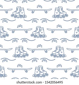 Vector seamless pattern with rollers, skateboard. Athletic, healthy lifestyle for every person. Family vacation. Sports background. Design for packaging paper, fabric, print.