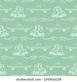 Vector seamless pattern with rollers, skateboard. Athletic, healthy lifestyle for every person. Family vacation. Sports background. Design for packaging paper, fabric, print.