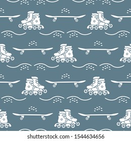 Vector seamless pattern with rollers, skateboard. Athletic, healthy lifestyle for every person. Family vacation. Sports background. Design for packaging paper, fabric, print.