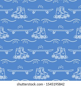 Vector seamless pattern with rollers, skateboard. Athletic, healthy lifestyle for every person. Family vacation. Sports background. Design for packaging paper, fabric, print.