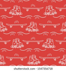 Vector seamless pattern with rollers, skateboard. Athletic, healthy lifestyle for every person. Family vacation. Sports background. Design for packaging paper, fabric, print.