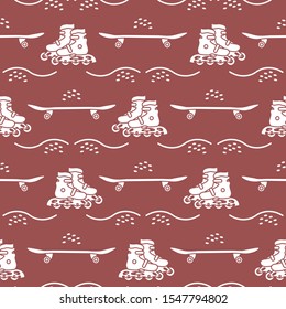 Vector seamless pattern with rollers, skateboard. Athletic, healthy lifestyle for every person. Family vacation. Sports background. Design for packaging paper, fabric, print.