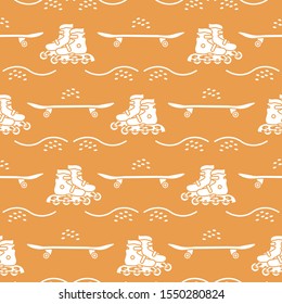 Vector seamless pattern with rollers, skateboard. Athletic, healthy lifestyle for every person. Family vacation. Sports background. Design for packaging paper, fabric, print.