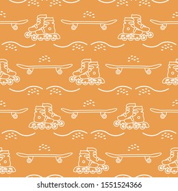 Vector seamless pattern with rollers, skateboard. Athletic, healthy lifestyle for every person. Family vacation. Sports background. Design for packaging paper, fabric, print.