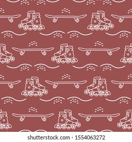 Vector seamless pattern with rollers, skateboard. Athletic, healthy lifestyle for every person. Family vacation. Sports background. Design for packaging paper, fabric, print.