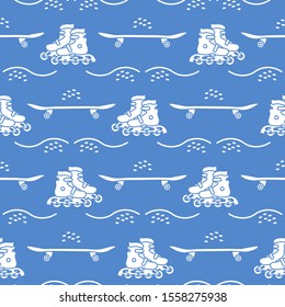 Vector seamless pattern with rollers, skateboard. Athletic, healthy lifestyle for every person. Family vacation. Sports background. Design for packaging paper, fabric, print.