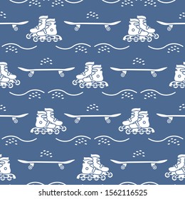 Vector seamless pattern with rollers, skateboard. Athletic, healthy lifestyle for every person. Family vacation. Sports background. Design for packaging paper, fabric, print.