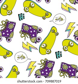 Vector seamless pattern with roller-skates and skateboards hand drawn illustrations