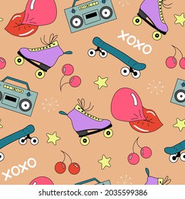 Vector Seamless Pattern With Rolling Skates, Lips With Bubblegum Music And Skate Boards, 80-s And 90-s Inspired, In Flat Outlined Style