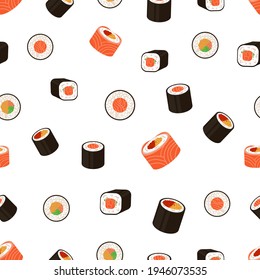 Vector seamless pattern, rolls, japanese cuisine - sushi set background, different rolls on white background, colorful illustration.