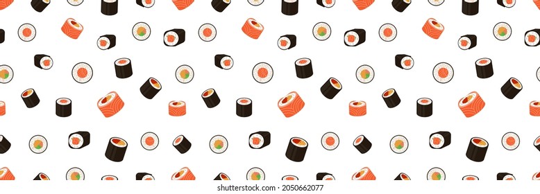 Vector seamless pattern, rolls, japanese cuisine - sushi set background, different rolls on white background, colorful illustration.