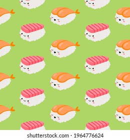 Vector seamless pattern with rolls and sushi. Cute design for fabric, paper, wallpaper.