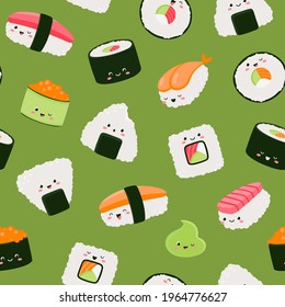 Vector Seamless Pattern With Rolls And Sushi. Cute Design For Fabric, Paper, Wallpaper.