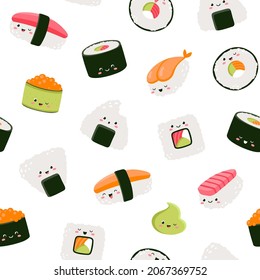 Vector seamless pattern with rolls and sushi. Cute design for fabric, paper, wallpaper.