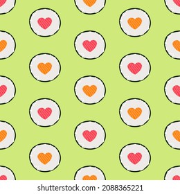 Vector seamless pattern with rolls and sushi. Cute design for fabric, paper, wallpaper.
