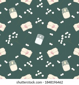 Vector seamless pattern. Romantic. Candles and  stack of letters