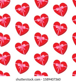 Vector seamless pattern with romantic candy boxes in heart shape for Happy Valentines day on white. Symbols of love, cute background for design, print, wrapping, card, birthday, party, shop.  