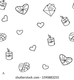 Vector seamless pattern with romantic elements like hearts, candles, love letter and candy 