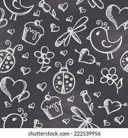 vector seamless pattern with romantic elements on chalkboard