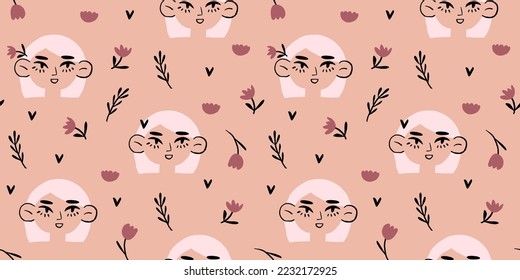 Patrón vectorial sin fisuras con retratos románticos de chicas con flores minimalistas simples y corazones sobre fondo beige. Patrón de San Valentín