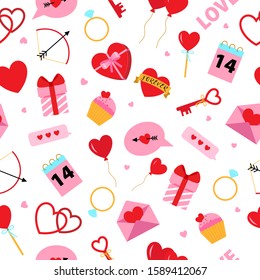 Vector Seamless Pattern With Romantic Icons For Happy Valentines Day. Symbols Of Love, Cute Background For Design, Print, Wrapping, Card. Red Heart, Arrow, Gift, Candy Box, Balloons For Valentine Day.