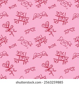 Vector seamless pattern with romantic ink elements. Monochrome outline background for wrapping paper, fabrics, wallpapers, postcards.