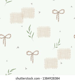Vector seamless pattern in romantic style with sackcloth and leaves. Endless texture for design. Soft neutral color palette.