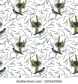 Vector seamless pattern with rook bird, nest and branches
