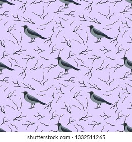 Vector seamless pattern with rook bird and branches