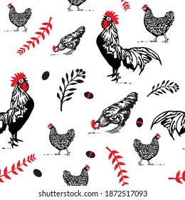 Vector seamless pattern with Rooster and hens.