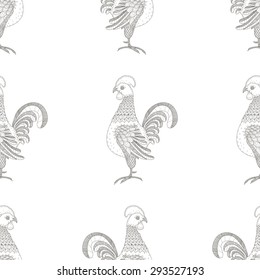 Vector seamless pattern. Rooster ornaments. Decorative line art repeating background from Cockerels isolated on white.