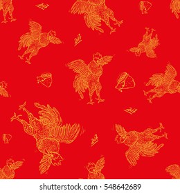 Vector seamless pattern of rooster, symbol of 2017 on the Chinese calendar. Vector element for New Year design. Image of 2017 year of Red Rooster and a bag of gold.