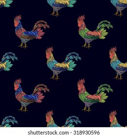 Vector seamless pattern with roosters. Cock background. Colorful ornament with birds.