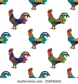 Vector seamless pattern with roosters. Cock background. Colorful ornament with birds.
