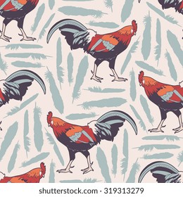 Vector seamless pattern with  roosters and feathers