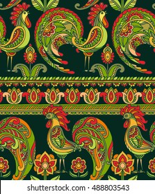 Vector seamless pattern with roosters and flowers. Beautiful colorful endless background with 2017 Chinese New Year Symbols.