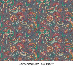 Vector seamless pattern with roosters and flowers. Beautiful colorful endless background with 2017 Chinese New Year Symbols.