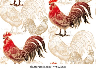 Vector seamless pattern of roosters on a white background. Illustration for calendars, fabric, cards, paper, present package and clothes. Gold, black and red. Chinese new year 2017.