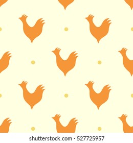 Vector seamless pattern with roosters and polka dot on yellow background