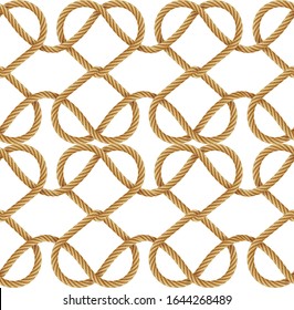 Vector seamless pattern with ropes, realistic illustration. Nautical rope, cord, string, knots and loops decorative elements endless background. Isolated on white.
