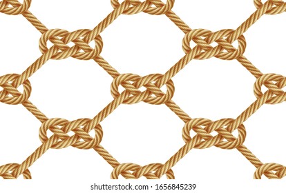 Vector seamless pattern with ropes, realistic illustration. Nautical rope, cord, string, knots and loops decorative elements endless background. Isolated on white.