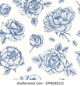 Vector seamless pattern with rose, bud, leaves. Vintage botanical background in engraved style for fabric, wrapping paper, textile, wallpaper. Floral pattern in vintage style Toile de jouy Blue