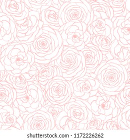Vector seamless pattern with rose flowers pink outline on the white background. Hand drawn floral repeat ornament of blossoms in sketch style. Usable for wrapping paper, covers, textile, etc.
