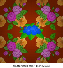 Vector seamless pattern with rose flowers and green leaves in brown, violet and orange colors. Cute floral background. Textile print for bed linen, jacket, package design, fabric and fashion concepts.