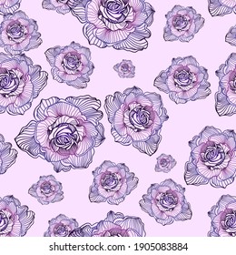 Vektornahtloses Muster mit rosafarbenen Blumen, violetter Umriss auf rosafarbenem Hintergrund. Handgezeichnete, florale Wiederholungsschmuck von Blüten im Skizzenstil. Zum Einpacken von Papier, Tapeten, Deckel,