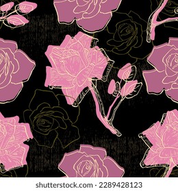 Vector seamless pattern with rose flowers. Hand drawn floral repeat ornament of blossoms in sketch style. Usable for wrapping paper, covers, textile.