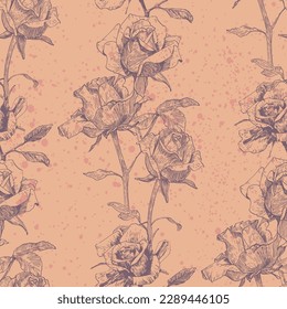 Vector seamless pattern with rose flowers. Hand drawn floral repeat ornament of blossoms in sketch style. Usable for wrapping paper, covers, textile.